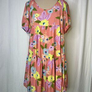 Uncle Frank Anthropologie Pink Peach Floral Babydoll Dress 100% Cotton Size XS